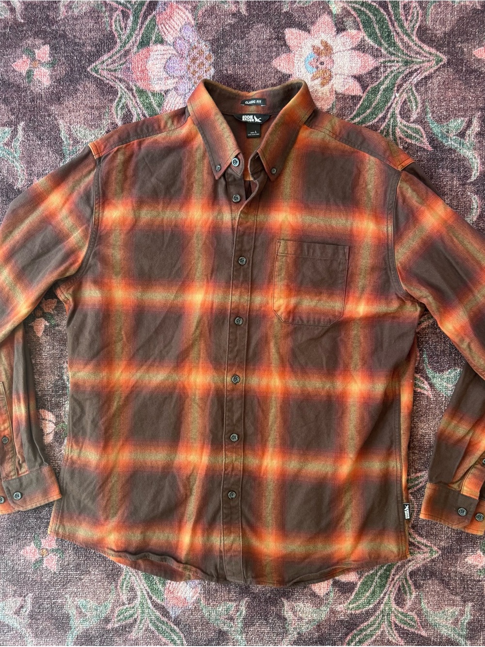 Eddie Bauer Men's Classic fit Brown & Orange Plaid Button-Down Shirt - Large